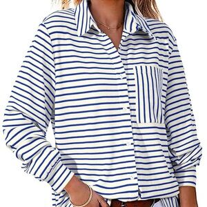 Blue White Striped Button Up Shirt Women's Medium Long Sleeve Ribbed Waffle Knit